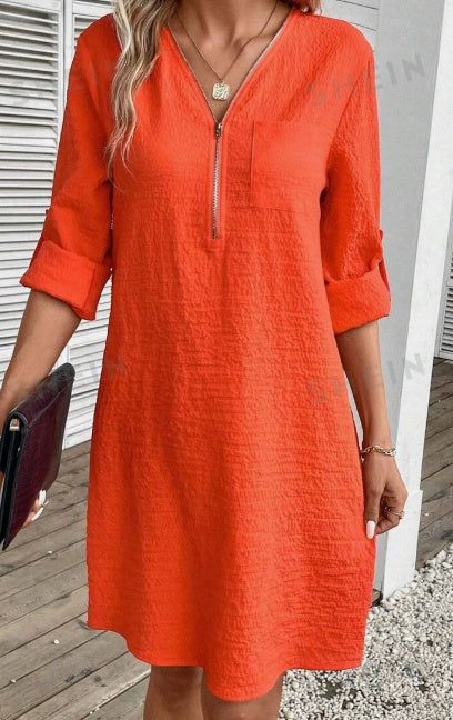 Zipper Half Dress With Patch Pockets