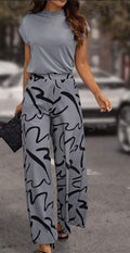 Sleeve Tee & Allover Print Wide Leg Pants