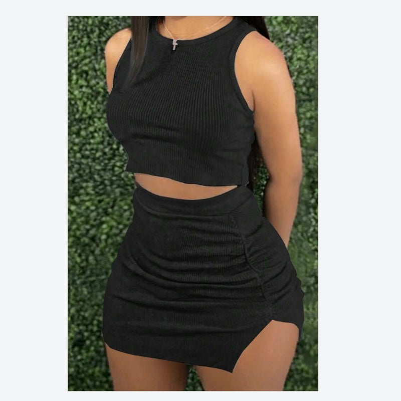 Ribbed Crop Top And Bodycon Skirt Set