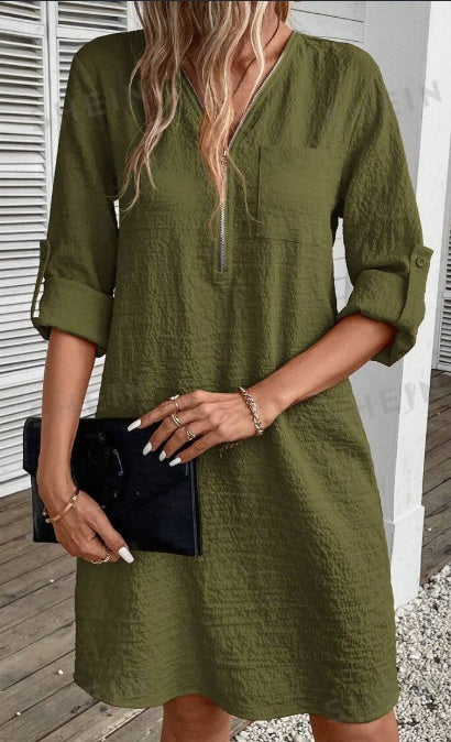 Zipper Half Dress With Patch Pockets